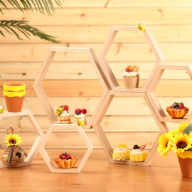 Gerrii 10 Pcs Honey Comb Decorations 5 Sizes Wood Hexagon Shelves Honeycomb Centerpiece Cupcake Stand Wooden Bee Hive Display Holder for Baby Shower Honeybee DIY Birthday Party Decor (Wood Color)