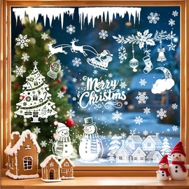 Christmas Window Clings Decoration, Santa Claus Christmas Tree Snowman Snowflake Deer DIY Stickers Xmas Reusable No Glue Decals for Window Glass Party Supplies