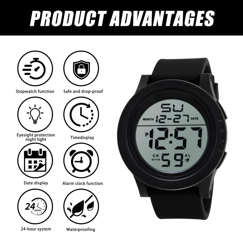 Digital Watch,Digital Watches for Men,Mens Digital Watch,with Led Backlight,Suitable for