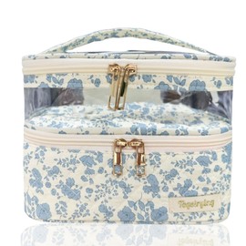 Tegelrying Travel Makeup Bag,Double Layer Large Cotton Quilted Makeup Pouch Soft Cosmetic Organizer with Handles,Cute Make up Case Toiletry Bags for Women,Blue Flroal