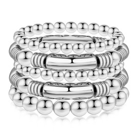 BONJOULRY Silver Bangle Bracelet Stackable for Women Chunky Bangles Beaded Bracelets Stacking Bead Ball Stretchy Bracelet Curved Bamboo Tube Beads Bracelets Gift 5PCS Silver