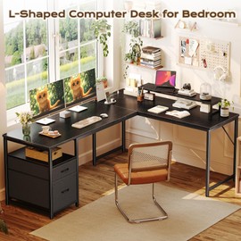 PRAISUN 63 Inch L Shaped Desk with Power Outlets and USB-C Port, Computer Corner Home Office Desk with File Fabric Drawers and Movable Monitor Stand, Larger Storage, Gaming, Writing, Work, Black