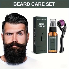WEST&MONTH 1/2 set of men's hair care set: beard and scalp oil with massage roller; nourishing hair essence; beard spray set.Promote beard growth and thicken the beard; Strawberry Vanilla Soft Serve Aftershave - Quantity: 30ml +micro needle roller, Speci