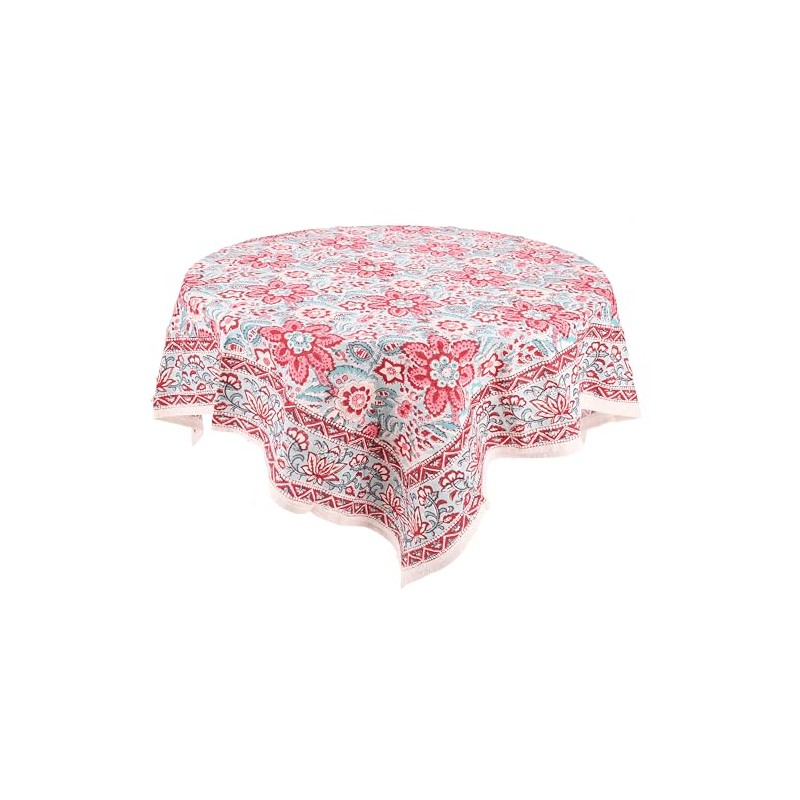 GURU SHOP Square Tablecloth, Handmade, Block Print Tablecloth - Red/Aqua,