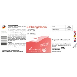 L-Phenylalanine 750 mg, 6-month supply, 180 tablets, vegan, high dose. Vitamintrend®