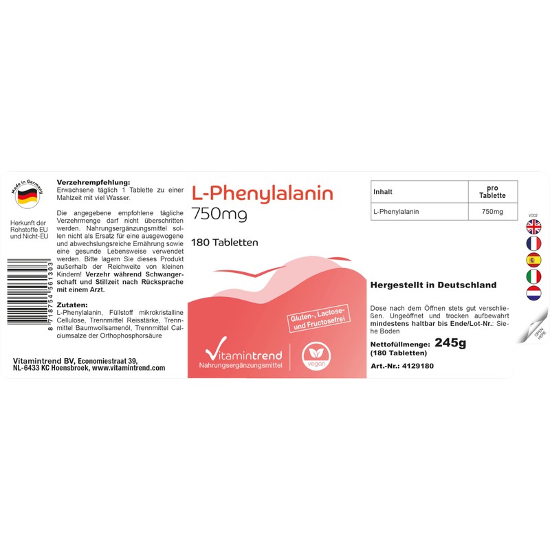 L-Phenylalanine 750 mg, 6-month supply, 180 tablets, vegan, high dose.