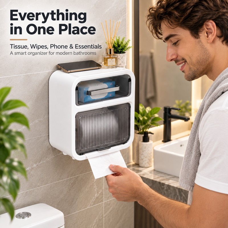 Wall-Mounted Toilet Paper Holder with Drawer – No-Drill Waterproof Tissue