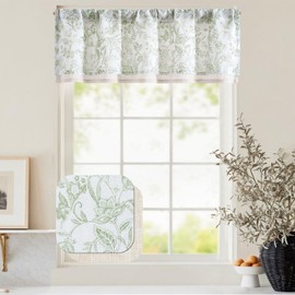 jinchan Valance for Window Floral Valance Curtain Light Filtering Voile Valance for Living Room Kitchen Botanic Farmhouse Rustic Double Layer Curtain 18 Inch Rod Pocket 1 Panel Green
