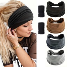 Luuao 4 Pack Non-Slip Wide Headbands for Women, Sweat-Wicking Yoga Headbands, Soft Stretch Cotton Workout Bandanas for Running Gym, 20 Hair Ties, Fashion Turban & Sports Headbands.Color 2