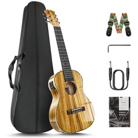 Caramel 6 String CB103G 30 Inch High Gloss Zebra Wood Acoustic & Electric Ukulele Guitalele with Truss Rod with Padded Gig Bag, Strap