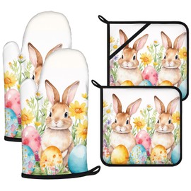 Easter Rabbits Oven Mitts and Pot Holders Sets 4Pcs,Extra Long Oven Gloves Potholder for Kitchen Cooking Baking BBQ 100% Cotton Heat Resistant