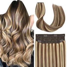Kun na Hair Wire Extensions Invisible Double Drawn Real Long Hair Pieces with Adjustable Size Heat-Resistant Silky Straight Remy Human Hair Fishing Line Hair Extensions(18 inch, 4/613)