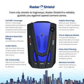 Radar Shield Pro Radar Detector – 360° Police Radar Shield Pro Detector for Cars with Voice Alerts, City & Highway Modes, False Alert Filtering, VG-2 Immunity, Speed Gun for Cars Scanner