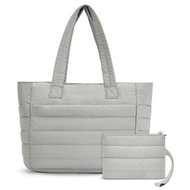 Axcone Puffer Tote Bag for Women Lightweight Quilted Work with Multi-Pockets, Laptop Compartment and Makeup Pouch Gift, Large Travel Handbag for Gym, Nursing, Commute Grey