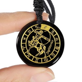 KYEYGWO Round Constellation Pendant with Adjustable Nylon Rope, Unisex Obsidian Zodiac Necklace Stone Amulet Blessing Jewellery for Horoscope Astrology, Obsidian Nylon, Obsidian