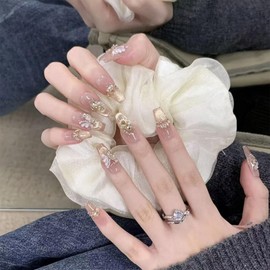 Sheepyo Nail Tips, Long, Pink, Handmade, Press-On, Longer, Cute, False Nails, Simple, Korean, Adorable, Popular, Stylish, Glossy, 3D, Butterfly, Glitter, Bride, Wedding, Entrance Ceremony, Graduation