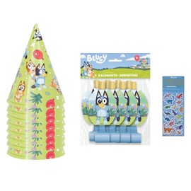 Unique Bluey Birthday Party Supplies Bundle includes 8 Party Hats, 8 Blowouts and 1 Dinosaur Sticker Sheet