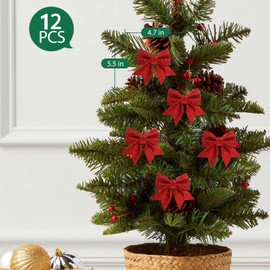 12 Pieces 5.5 Inch Mini Christmas Bows Decoration Sequin Wreaths Bows Small Christmas Tree Topper Glitter Bow Wreaths Bows Christmas Bows Decoration Garland (Red)