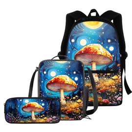 BIGCARJOB Girls School Bags Mushroom Backpack Set with Lunch Bags Pen Holder Set 3 Pcs Children Toddle Back to School Bookbags Mushroom Print Rucksack Travel Bags Schoolbags for Girls Teens 5-10 Age