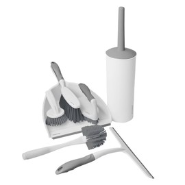 OVENTE Cleaning Brush and Scrubber Set for Kitchen and Bathroom, 7pcs Household Cleaner with Ergonomic Handle and Various Brushes for Deep Cleaning Dishes, Tiles, Corners and Floors, White CTB018WGY