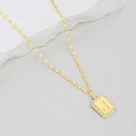 Devin Rose Cubic Zirconia Dog Tag Initial Necklaces for Women 14K Yellow Gold Plated Brass Letter J