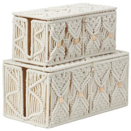 VinneGenzz 2PCS Cable Management Boxes Handmade Macrame Cord Storage Organizer Power Strips Outlet Router TV Wire Hider Cover Under Desk Natural Cotton Rope Woven Box with Lid (1 Large 1 Medium)