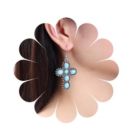 Cimenexe Bohemian Turquoise Cross Dangle Earrings Silver Cross Crucifix Earrings Blue Turquoise Stone Cross Earrings Large Cross Hook Earrings Jewellery for Women and Girls Gifts, Zinc, No Gemstone