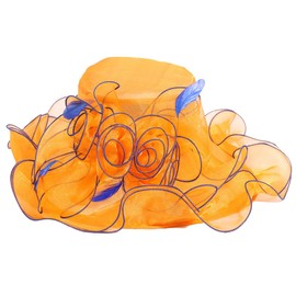 Women Party Church Derby Top Hats Organza Sun Visor Cap Ladies Flowers Fascinators Big Wide Brim Fedoras, Orange 3, Medium