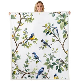 Feelyou Birds Sherpa Blanket Throw 50"x60" Branches Fleece Throw Blanket Leaves Plush Blanket Flowers Fuzzy Blanket Off-White
