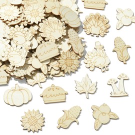 KitBeads 100Pcs Random Unfinished Wood Food Animal Cutouts Blank Mushroom Pumpkin Turkey Maple Leaf Wooden Cutouts for Crafts Painting Home Decor
