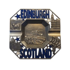 Edinburgh Scotland Metal Ashtray - Castle/Scottish Piper/Highland Cattle/Words in Blue Letters/Souvenir
