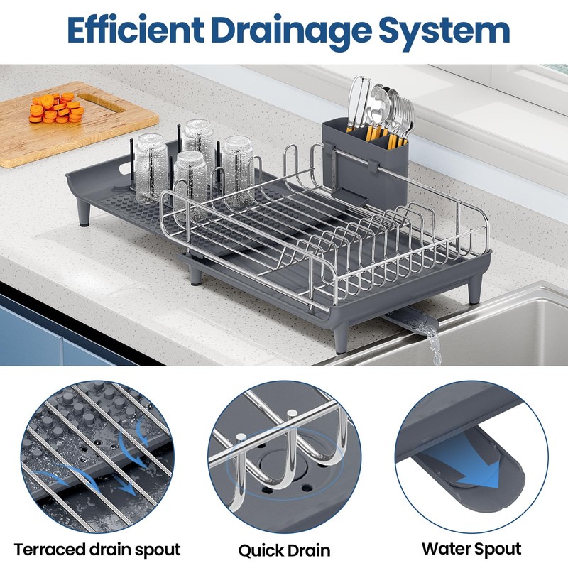 NTD Expandable Dish Drying Rack for Kitchen Counter, 16.7"-26.8", Gray