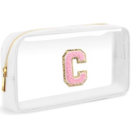 LOFOWN Initial Clear Makeup Bag Small Cosmetic Bag Travel Toiletry Bag Clear Zipper Pouch Purse Organizer Bags for Women, White-M, C, Initial Makeup Bag