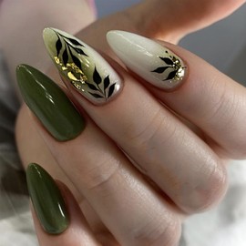 Almond Press on Nails Medium Green Fake Nails with Green Leaf Design Gold Foil False Nails Spring Summer Glue on Nails Green Leaves Artificial Stick on Nails for Women Girls Manicure Accessories 24Pcs
