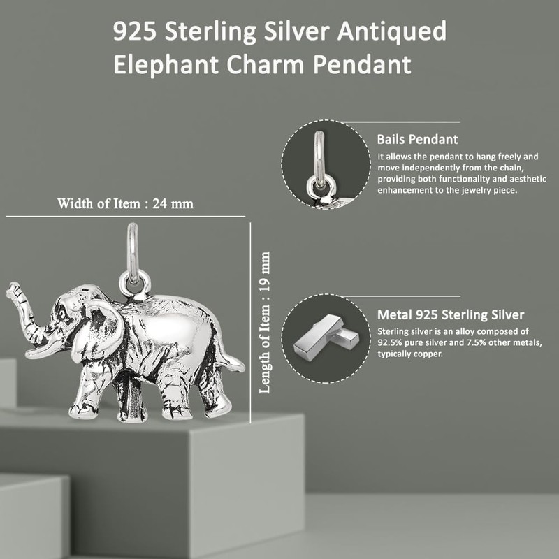 Auriga Fine Jewelry 925 Sterling Silver Antiqued Elephant Charm Pendant
