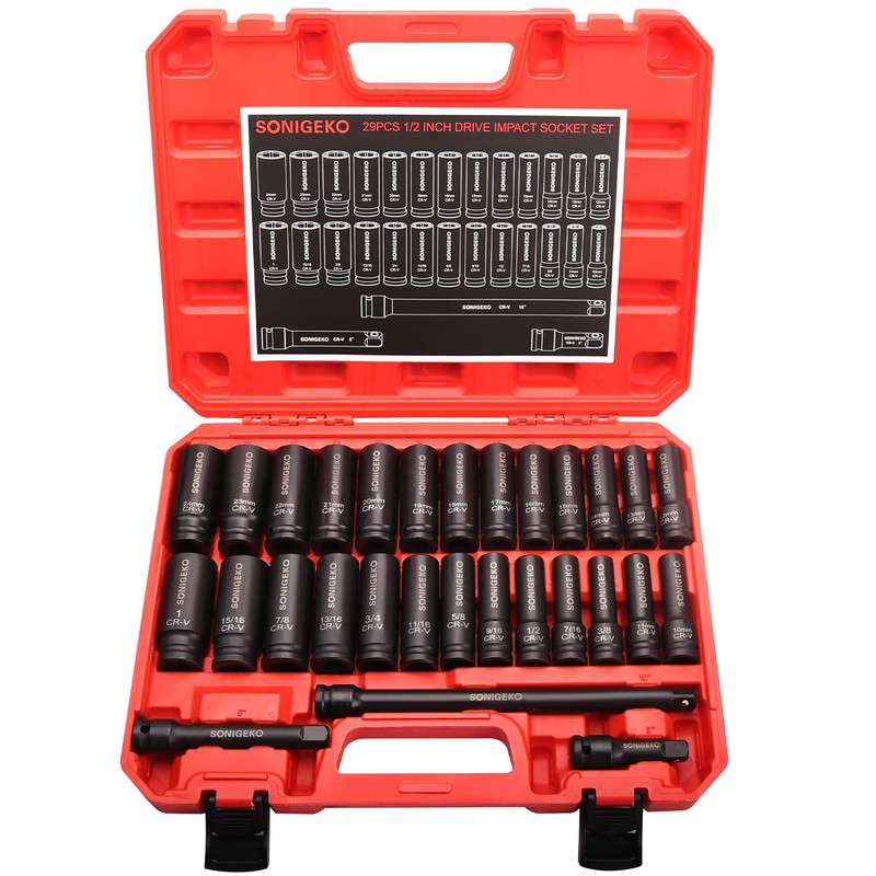 SONIGEKO 29-Piece 1/2" Drive Impact Socket Set - 6 Point