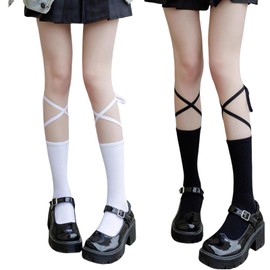 Yaximhozz Cute Belt Bow Socks for Women Girl Stylish Ankle Novelty Sock Soft Dress Socks Teen Girls 2Packs (02 Black/White belt)