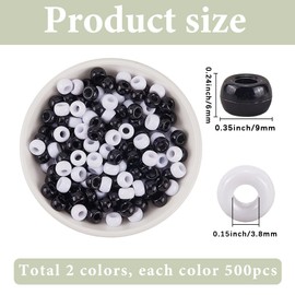 SOFPLATE 1000Pcs 2 Colors White Black Pony Beads Barrel Spacer Beads Small 9 x 6mm Opaque Plastic Large Hole Smooth Loose Spacers Findings for Jewellery Making Bracelets Necklaces DIY Crafting Decor