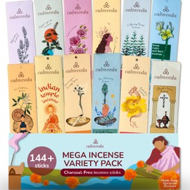CALMVEDA Natural Incense Sticks Mega - Variety Pack (144 Insence-Sticks Bulk, 12 Aromas) Clean No Charcoal, Made from Upcycled Flowers | Organic Incense Sticks Non Toxic (Slow Burn, Longlast)