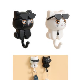 SHBLOMK Adhesive Coat Hooks Key Holder, Creative Adhesive Cute Cat Key Hook, Home Storage Utility Wall Decorations for Hanging Hat, Key, Towel, Scarf, Bags, Punch Free (Black+White)