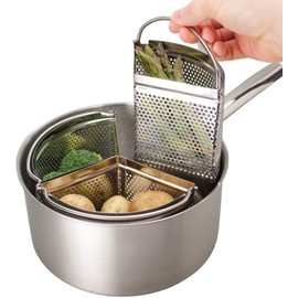 MAXPERKX 18cm Family Triple Saucepan Pan Divider Separator Set Three Part Saves Cooking Space & Energy Stainless Steel Strainer for Small Kitchens Camping Caravans Vegetables Potatoes Boiled Eggs