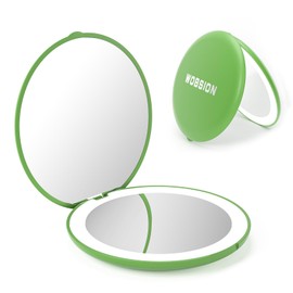 wobsion Travel Compact Mirror,Portable 1x/10x LED Makeup Mirror with Magnification,Handheld 2-Sided Pocket Mirror, 3.5in Small Mirror for Purse,Handbag,Gift,Green