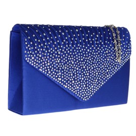 Girly Handbags Womens Pleated Satin Clutch Bag Diamante Shoulder Chain Elegant Prom Wedding Evening - Blue