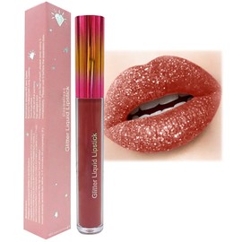 Long Lasting Red Glitter Lip Gloss with Metallic Diamond Shimmer, Waterproof and High Pigment Formula - Perfect for Women and Girls Makeup, Non-stick Cup for All-day Wear
