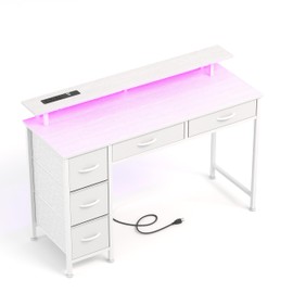 Computer Desk with 5 Drawers, Gaming Desk with LED Lights Power Outlets and Type-C, 47 Inch Office Desk with Storage, Monitor Stand, Writing Desk Work Table for Home Office, Small Spaces, White