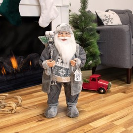 Northlight Alpine Chic Standing Santa Claus in Gray/White with A Bag and Lantern Christmas Figure, 24"
