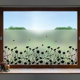 DKTIE Window Privacy Film Flowers Pure Black Stained Glass Window Film Decorative Frosted Glass Window Film Sun Blocking Heat Control Static Cling (A274-Black, 17.5in X 78.7in)
