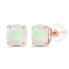 Solid 14K Rose Gold 6mm Cushion Natural Opal October Birthstone Genuine Stud Earrings For Women