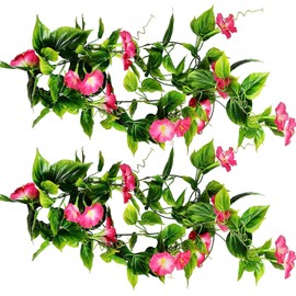 Artificial Morning Glory Flower Vines, Fake Hanging Plants Green Vine Silk Garland Flowers Faux Greenery Plastic Plant for Indoor Outdoor Garden Wall Fence Stairway Wedding Home Decor Pink 2 Pack