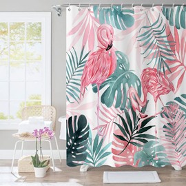 Caheansi Flamingo Shower Curtain, Green Tropical Palm Leaves Monstera Banana Leaves Hot Pink Flamingo Girly Bathroom Curtain Waterproof Fabric Machine Washable with Hooks, 72" Wx72 L